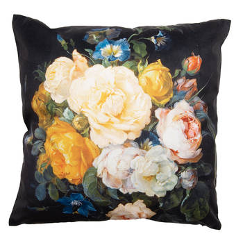 Clayre & Eef Kussenhoes 45x45 cm Zwart Geel Polyester Bloemen Sierkussenhoes Zwart Sierkussenhoes