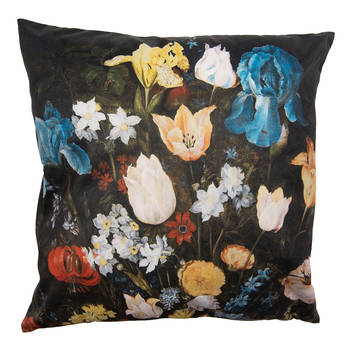 Clayre & Eef Kussenhoes 45x45 cm Zwart Polyester Bloemen Sierkussenhoes Zwart Sierkussenhoes