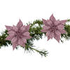 2x stuks kerstboom decoratie bloemen roze glitter op clip 18 cm - Kersthangers