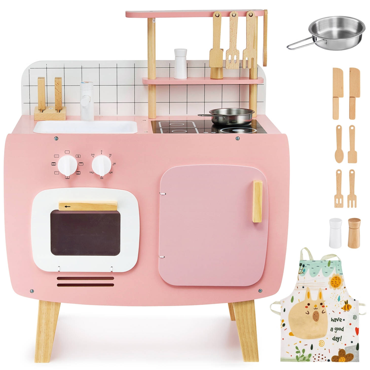 namens Trekken Aktentas Mamabrum Houten retro keuken met schort en accessoires - roze | Blokker