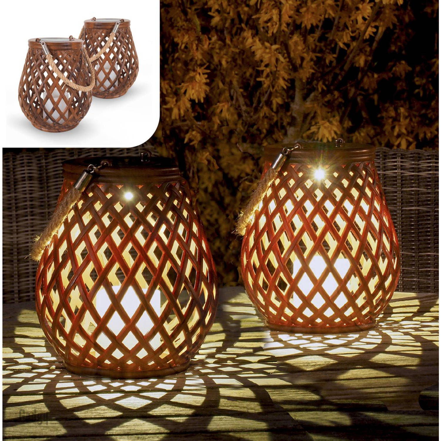 Banyan samen Bijproduct Gadgy Solar Lantaarn Basket - set van 2 - Solar Tuinverlichting dag/nacht  Sensor - Tafellamp voor Binnen/Buiten - 21 cm | Blokker
