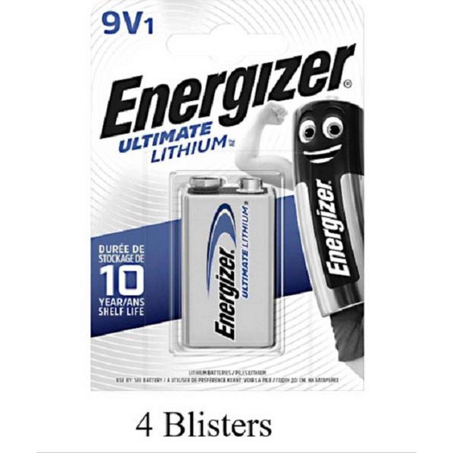 4 stuks (4 blisters a 1 stuk) Energizer Ultimate Lithium 9V blok Batterij / L522 e-block MN1604/6LR61