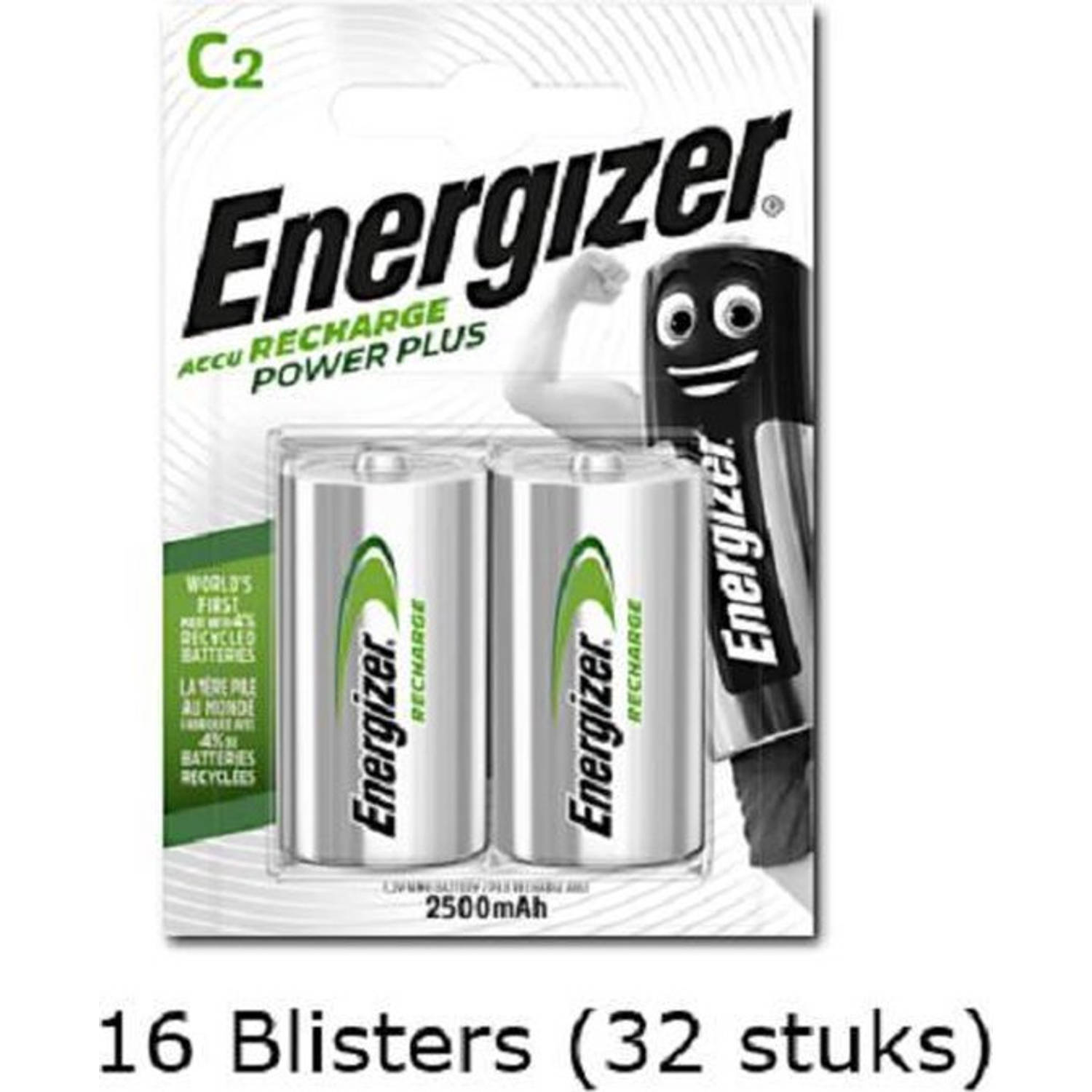 32 stuks (16 blisters a 2 stuks) Energizer C Power Plus Batterij HR14 oplaadbaar 1.2V 2500mAh rechargeable