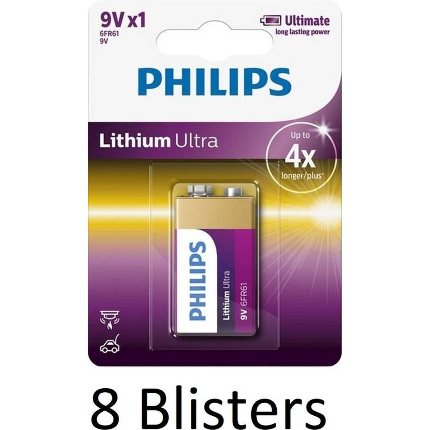8 Stuks (8 Blisters A 1 St) Philips 9v Lithium Ultra Batterij