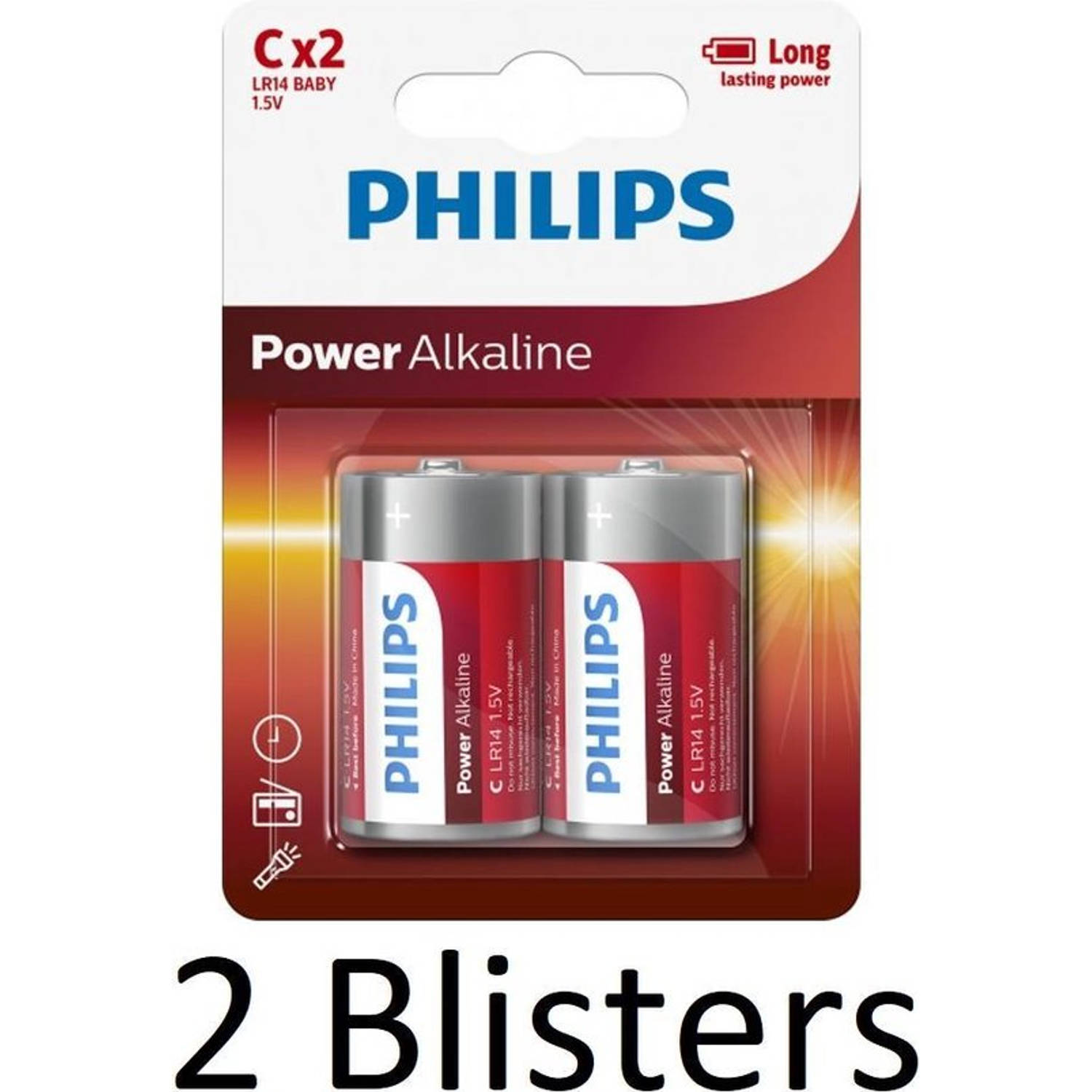 4 Stuks (2 Blister A 2st) - Philips Power C/lr14 Alkalinebatterij