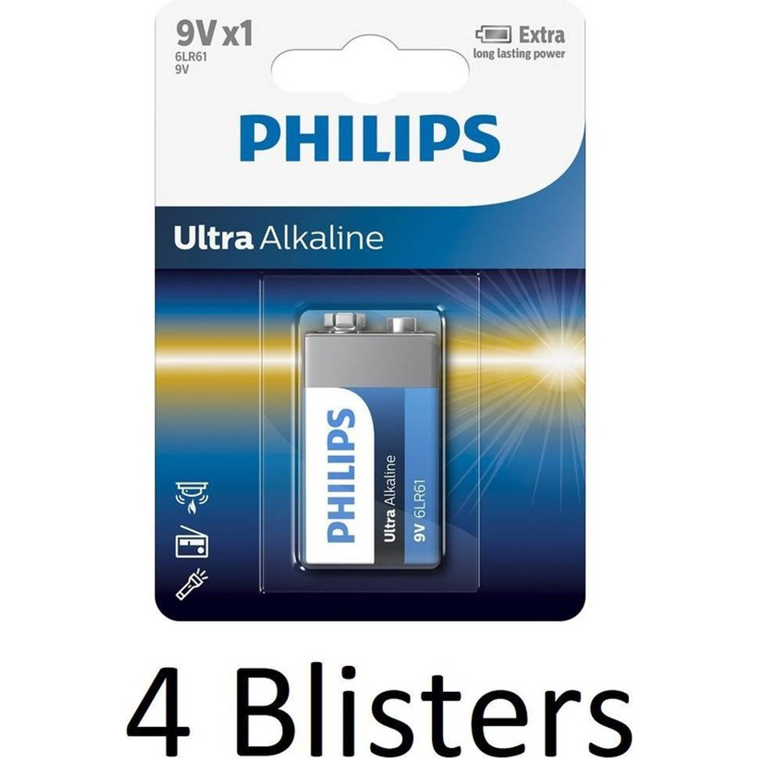 4 Stuks (4 Blisters A 1 St) Philips Ultra Alkaline 9v