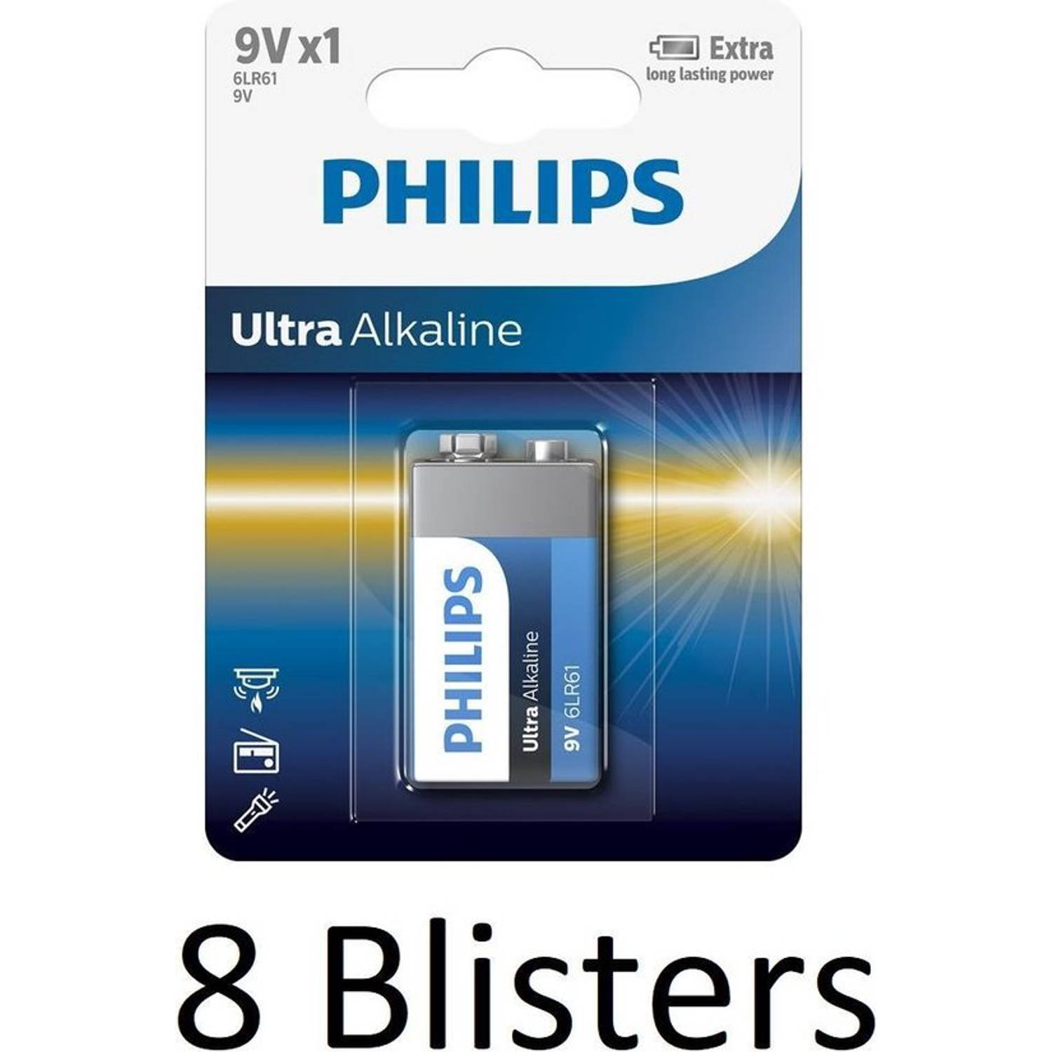 8 Stuks (8 Blisters a 1 st) Philips Ultra Alkaline 9v