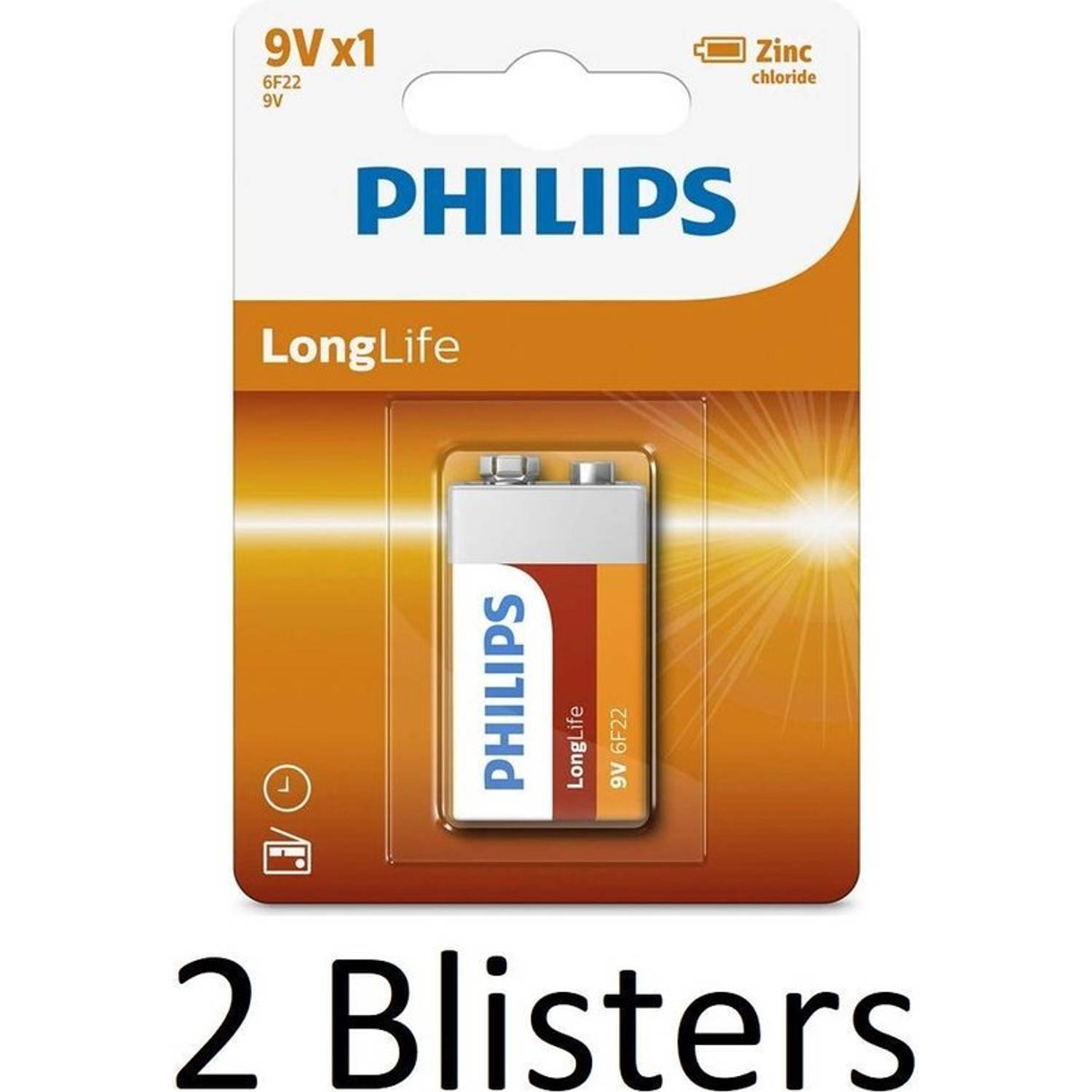 2 Stuks (2 Blisters a 1 st) Philips Longlife 9V Batterijen