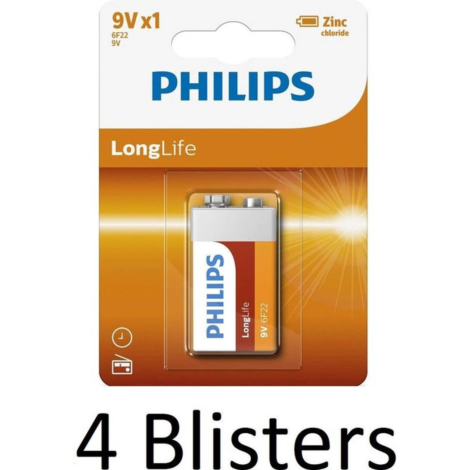 4 Stuks (4 Blisters a 1 st) Philips Longlife 9V Batterijen