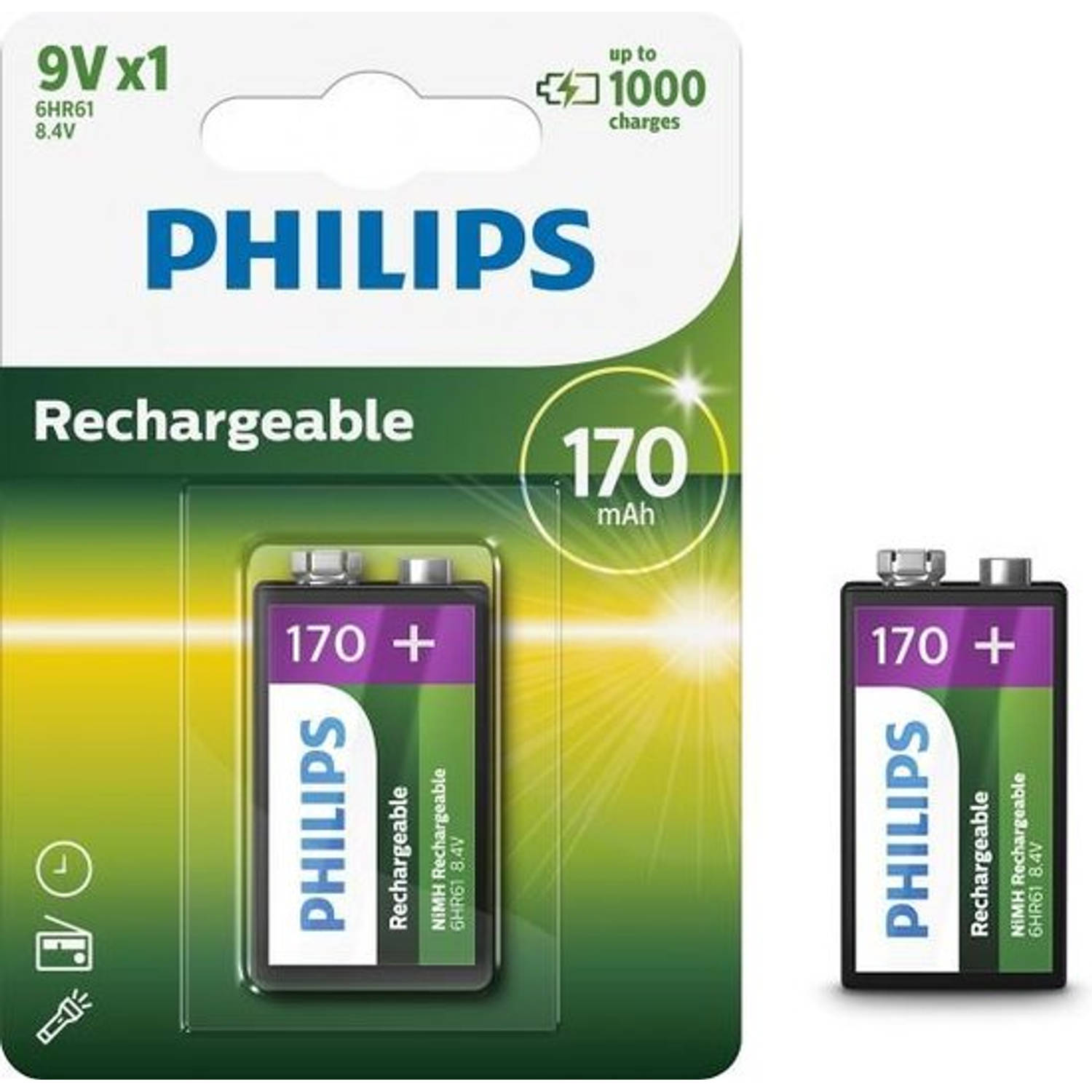 2 Stuks - Philips MultiLife 9V HR22/6HR61 170mAh oplaadbare batterij