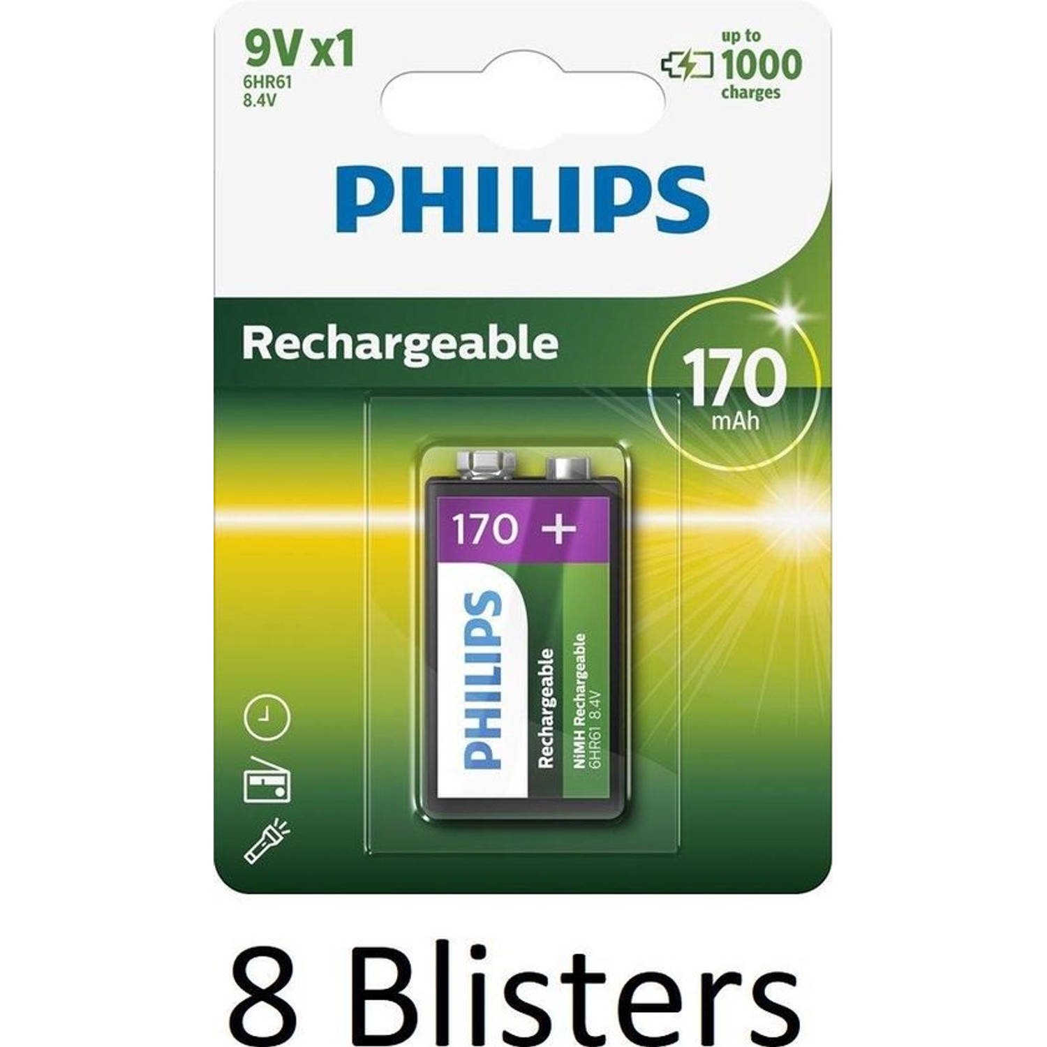 8 Stuks (8 Blisters a 1 st) Philips Oplaadbare 9V batterij - 170mAh