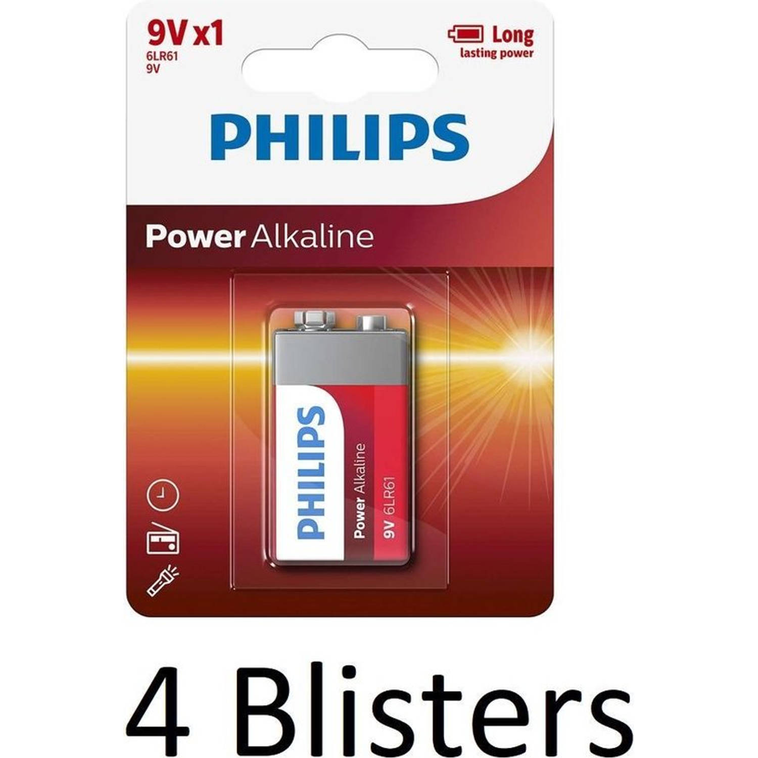 4 Stuks (4 Blisters A 1 St) Philips Power Alkaline Batterij 9v