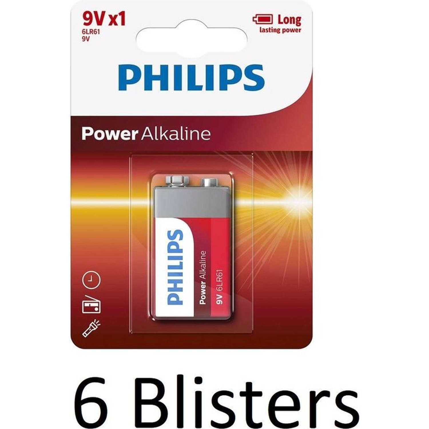 6 Stuks (6 Blisters A 1 St) Philips Power Alkaline Batterij 9v