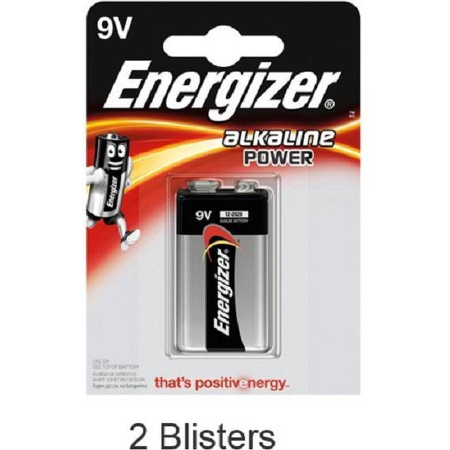 2 Stuks (2 Blisters A 1 Stuk) Energizer Alkaline Power 9v Blok Batterij