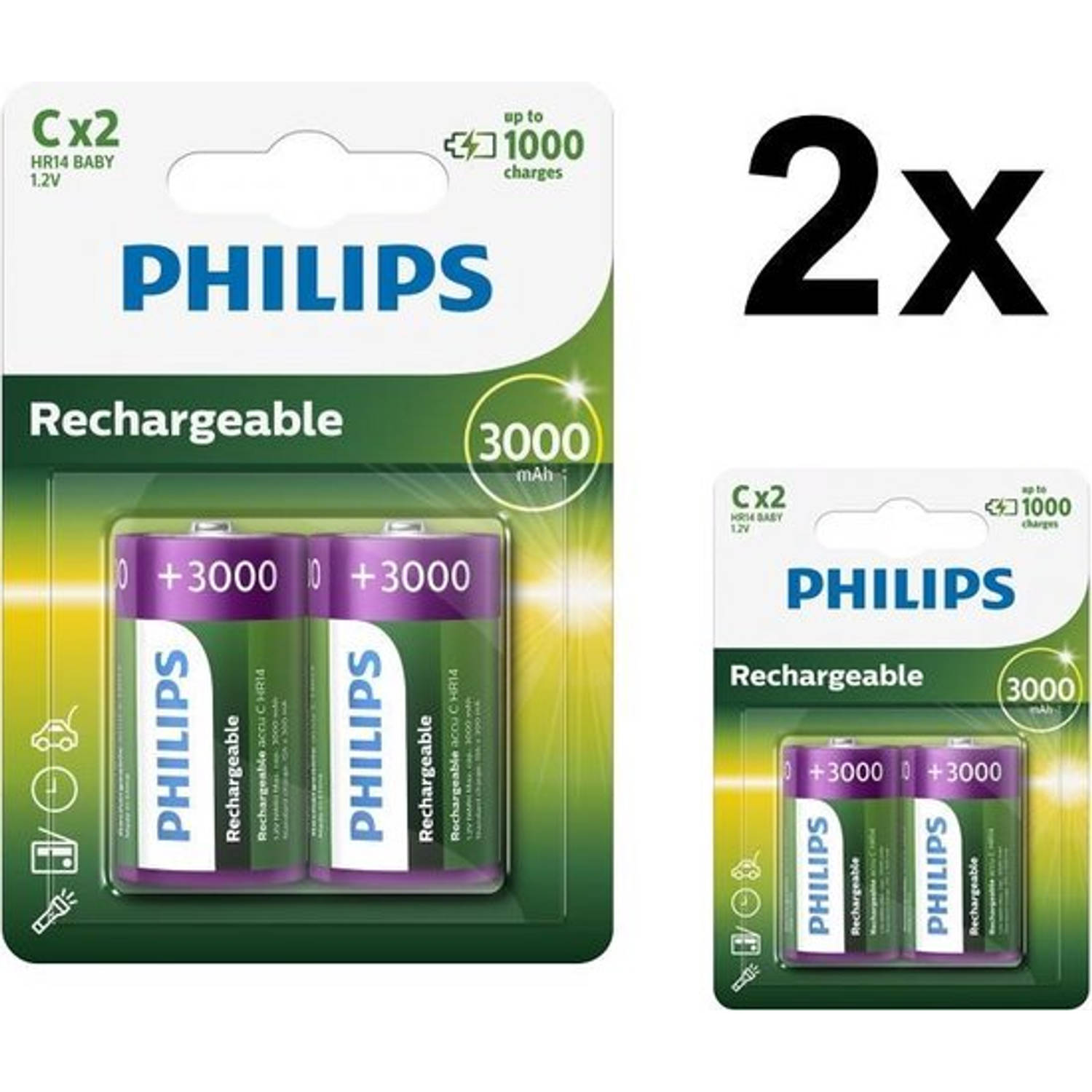 4 Stuks (2 Blisters A 2st) Philips Multilife 1.2v C-hr14 3000mah Nimh Oplaadbare Batterij