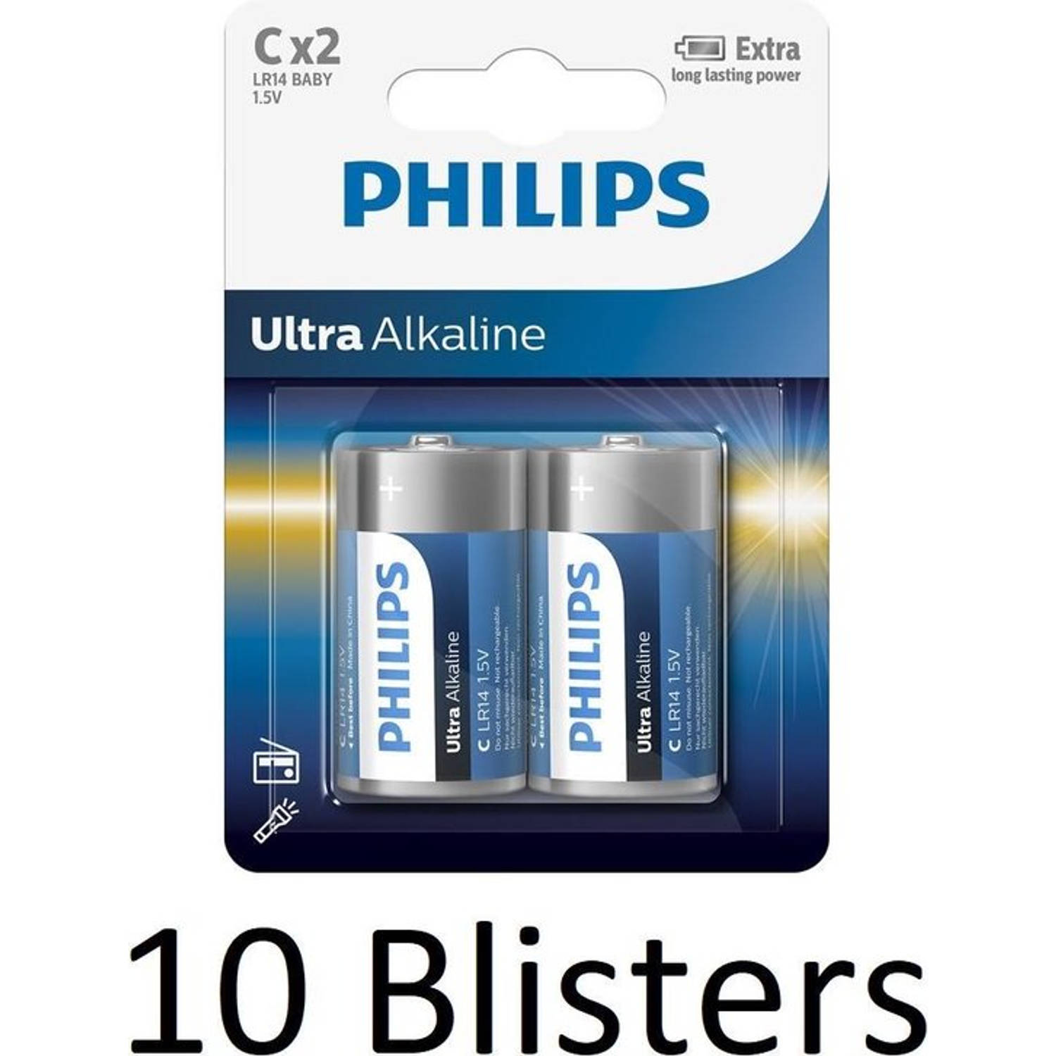 20 Stuks (10 Blisters A 2 St) Philips Ultra Alkalline C Batterijen