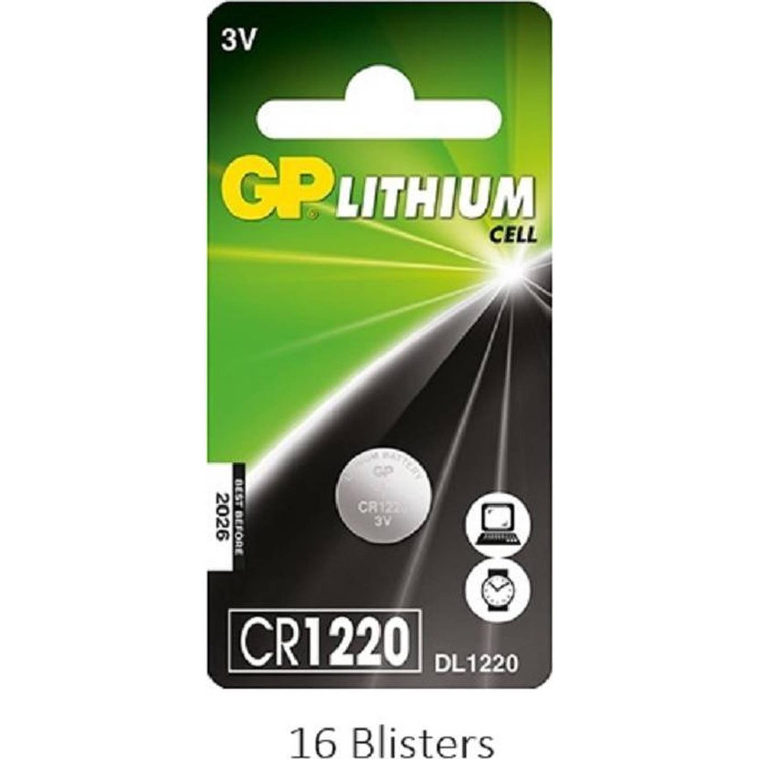 16 stuks (16 blisters a 1 stuks) GP Lithium Cell CR1220