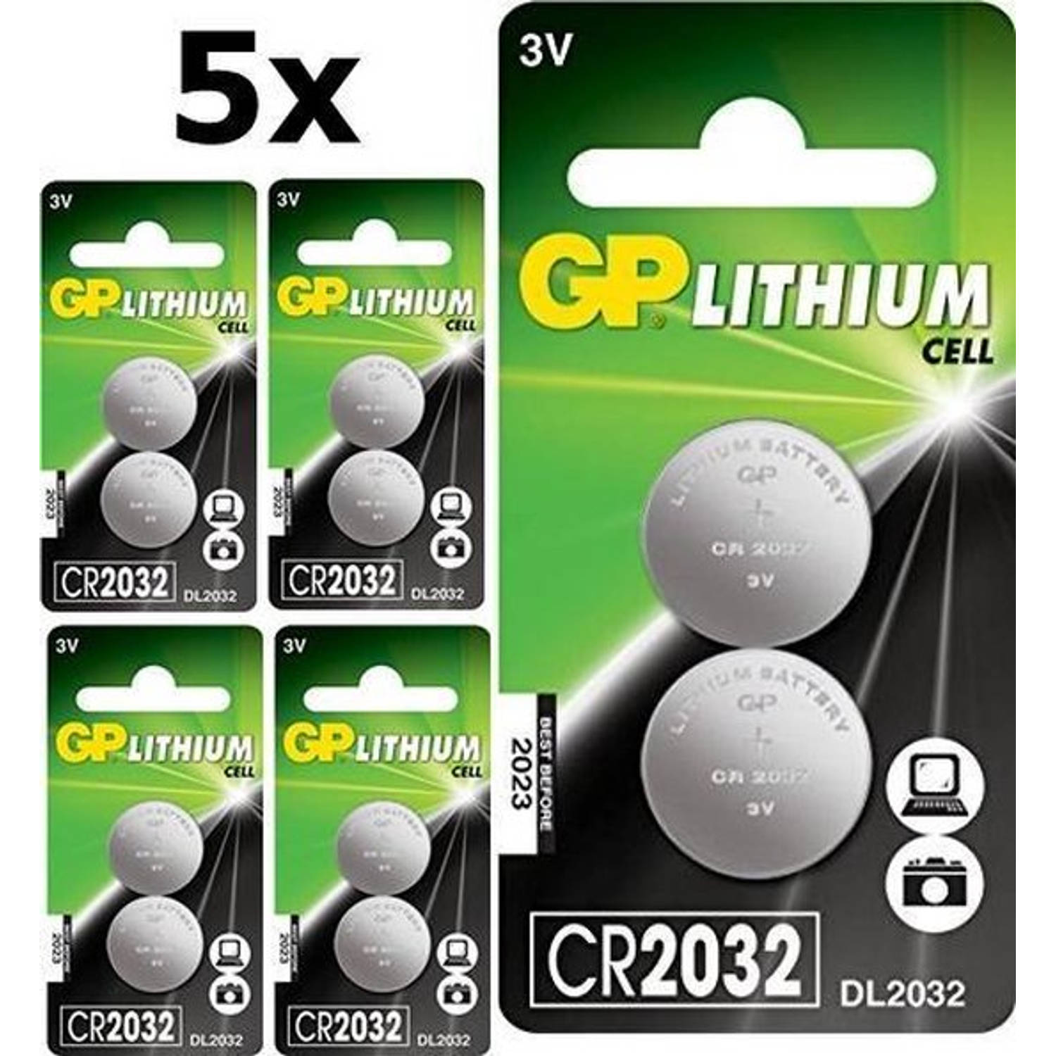 10 Stuks (5 Blister a 2st) GP CR2032 210mAh 3V lithium batterij