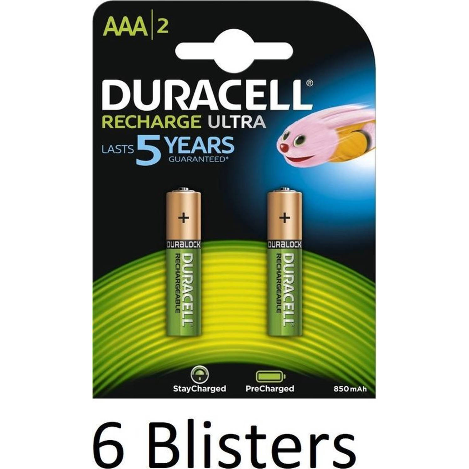 12 Stuks (6 Blisters a 2 st) Duracell AAA Oplaadbare Batterijen - 850 mAh