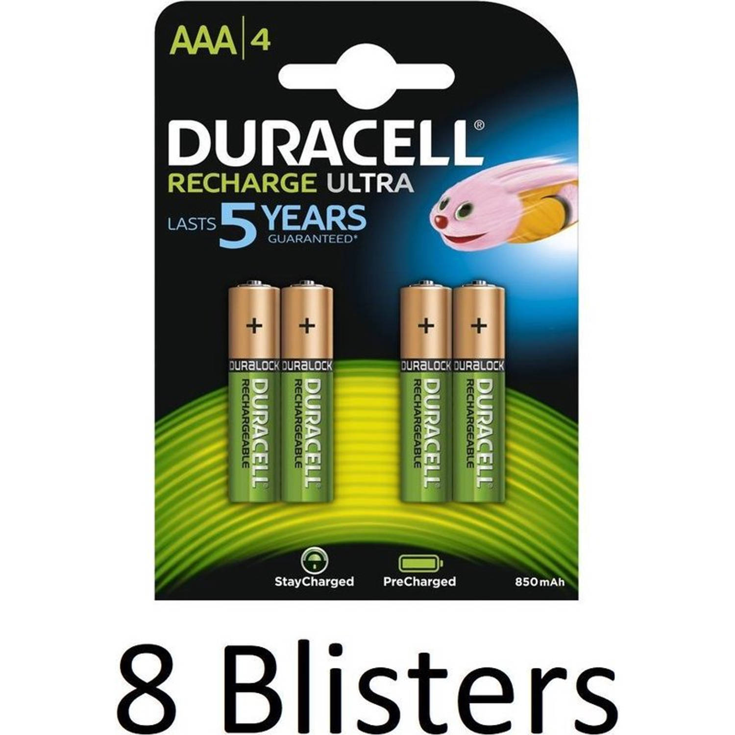 32 Stuks (8 Blisters a 4 st) Duracell AAA Oplaadbare Batterijen - 800 mAh