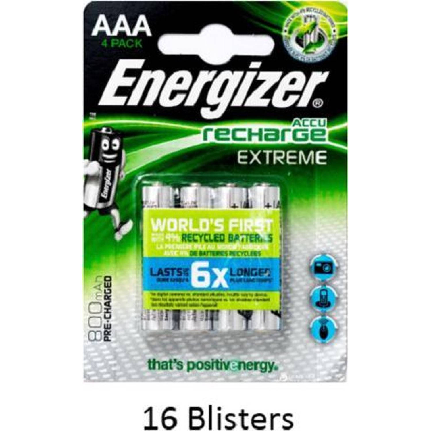 64 stuks (16 blisters a 4 stuks) Energizer Extreme AAA Oplaadbaar 800 mAh