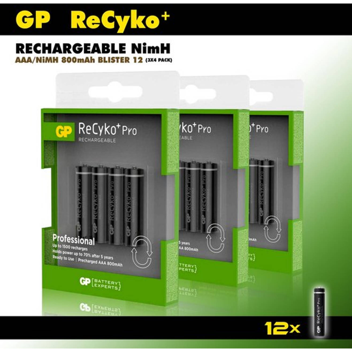 Gp Aaa Oplaadbare Batterijen Recyko+ Pro 800 Mah -Voordeelverpakking 12 Stuks