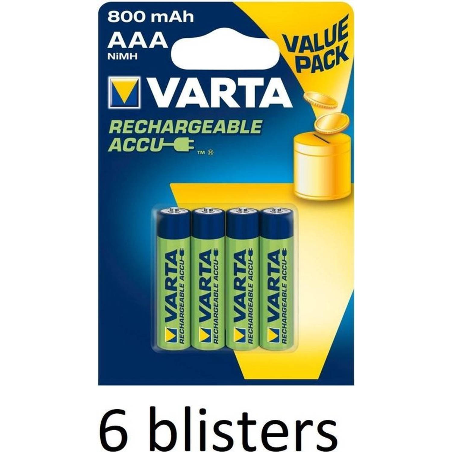 24 stuks (6 blisters a 4 stuks) Varta Rechargeable Accu AAA 800 mAh