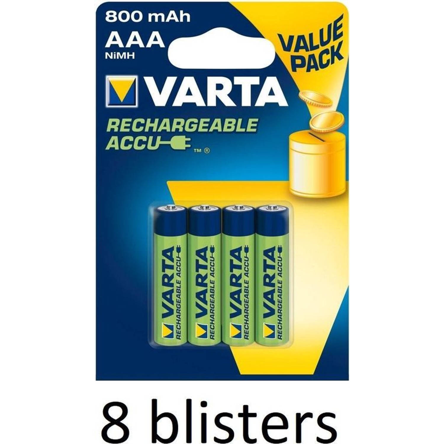32 stuks (8 blisters a 4 stuks) Varta Rechargeable Accu AAA 800 mAh