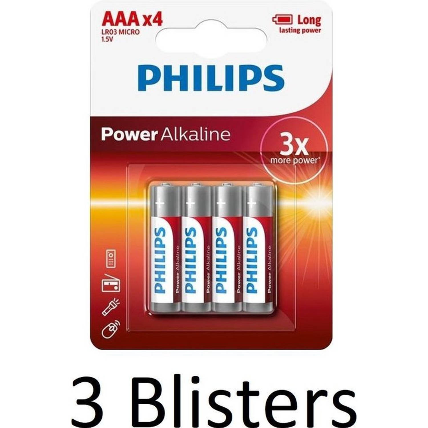 12 Stuks (3 Blisters a 4 st) Philips Power Alkaline AAA