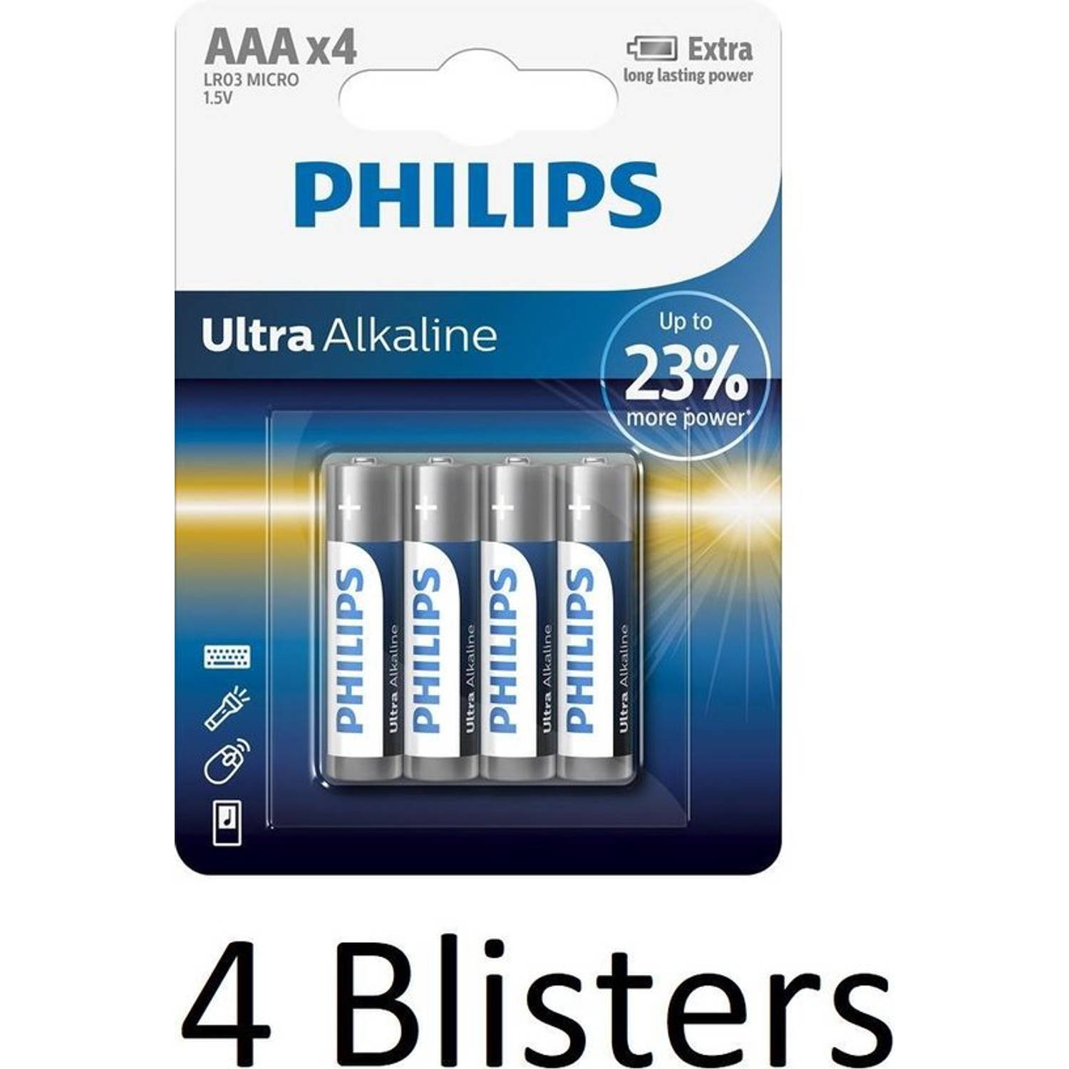 16 Stuks (4 Blisters a 4 st) Philips AAA Ultra Alkaline Batterijen