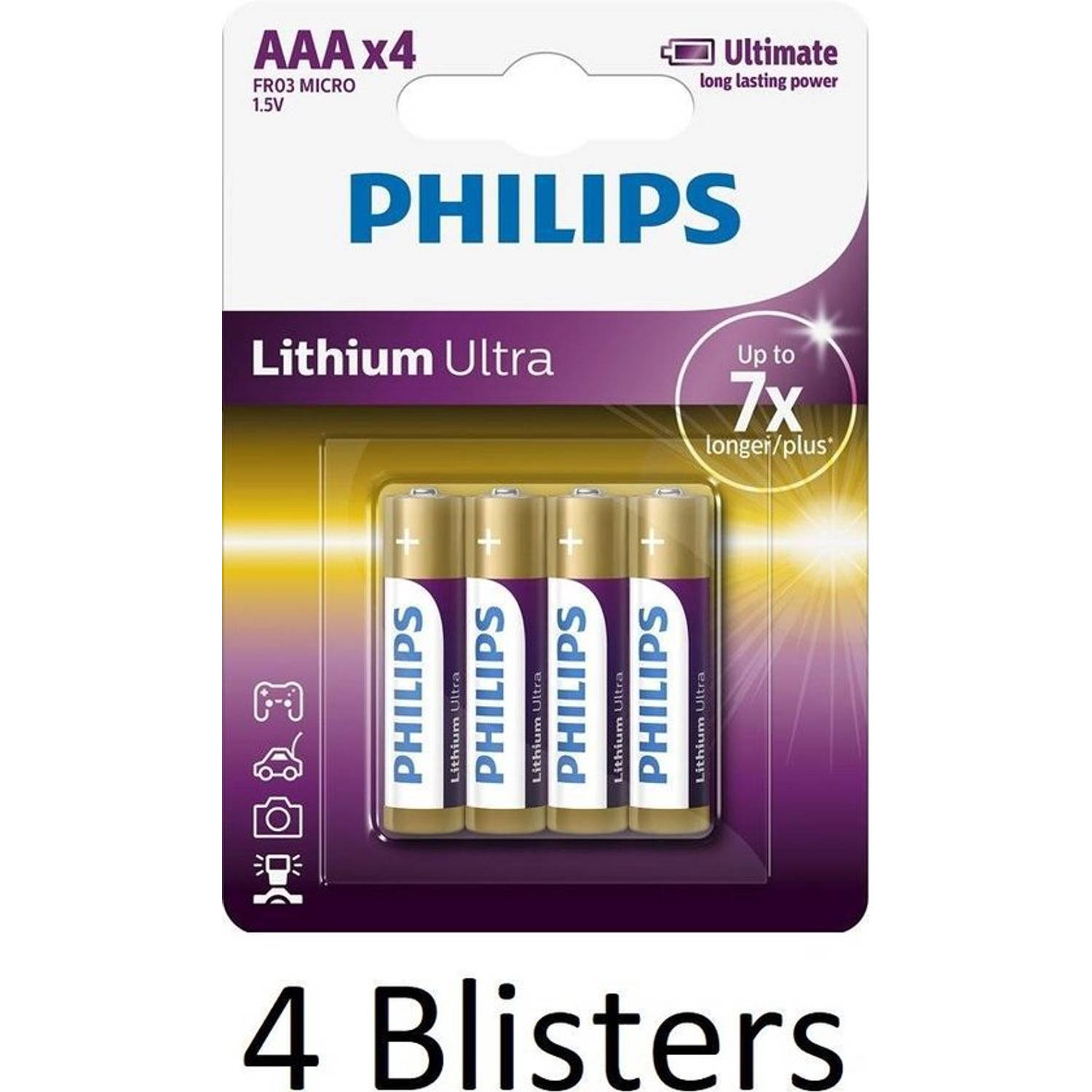 16 Stuks (4 Blisters a 4 st) Philips AAA Lithium Ultra Batterijen