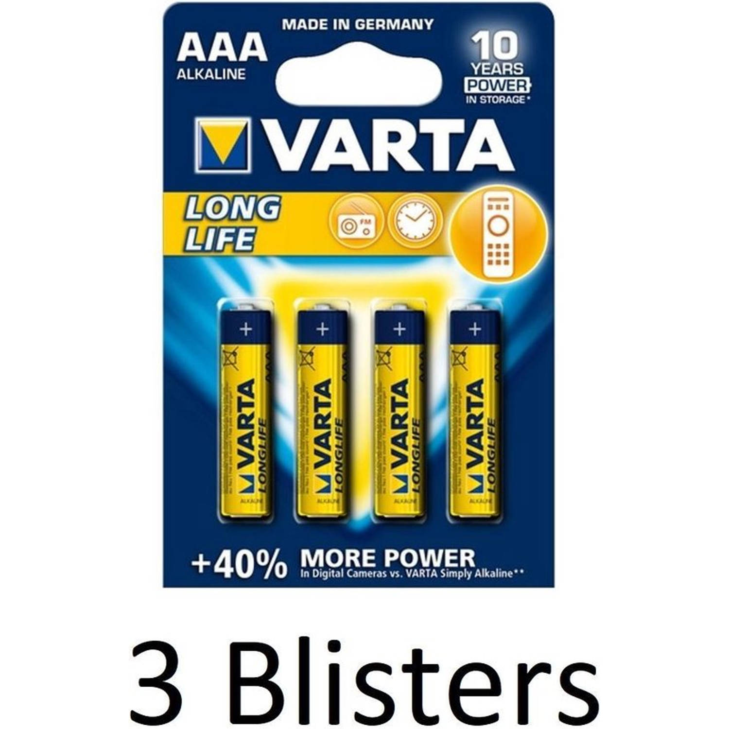 12 Stuks (3 Blisters a 4 st) Varta Longlife AAA Alkaline Batterij