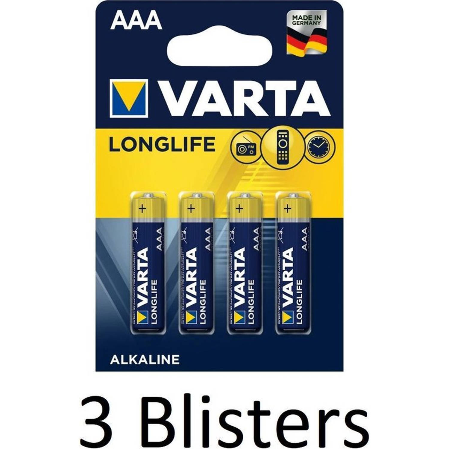 12 Stuks (3 Blisters a 4 st) Varta Longlife AAA Alkaline Batterij