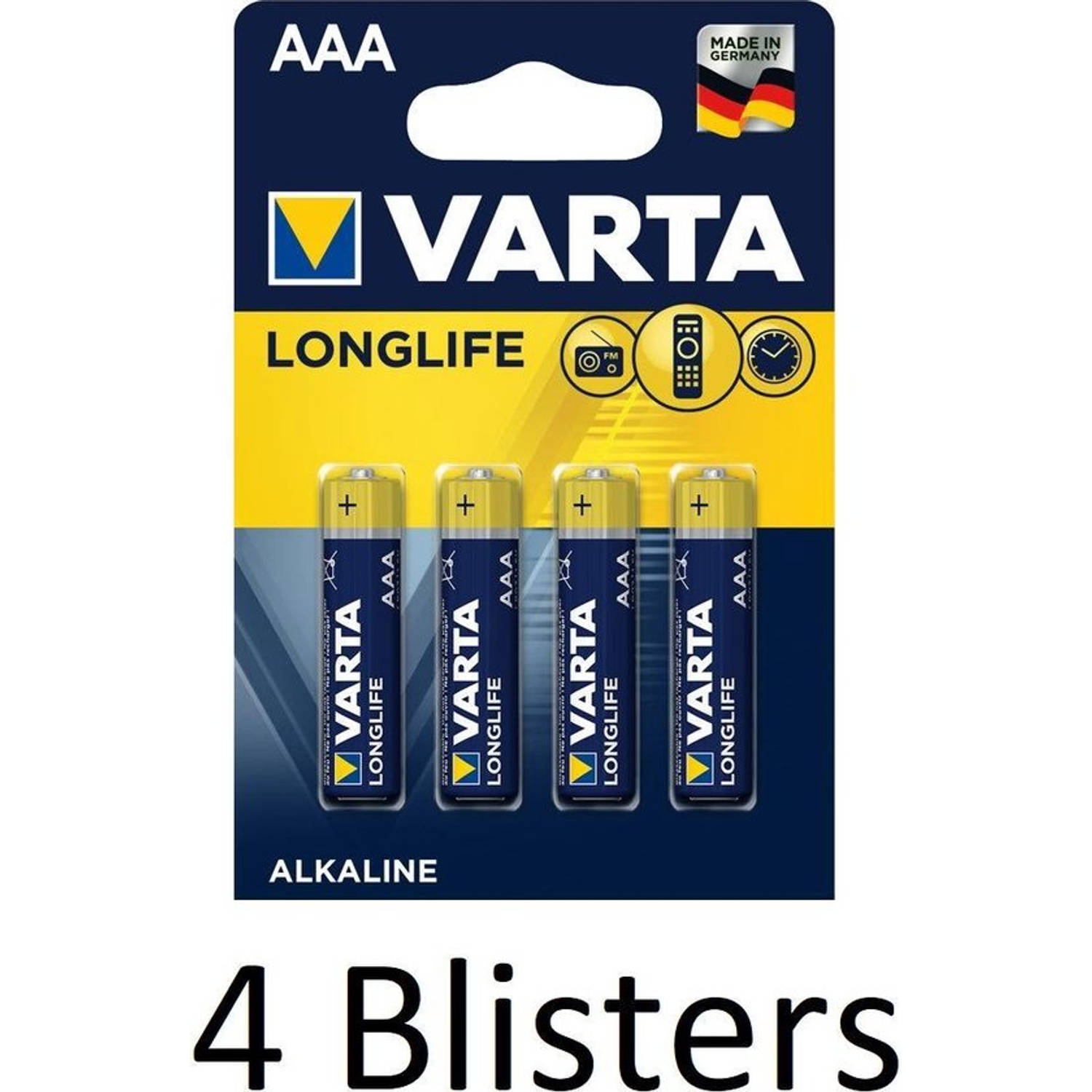 16 Stuks (4 Blisters a 4 st) Varta Longlife AAA Alkaline Batterij