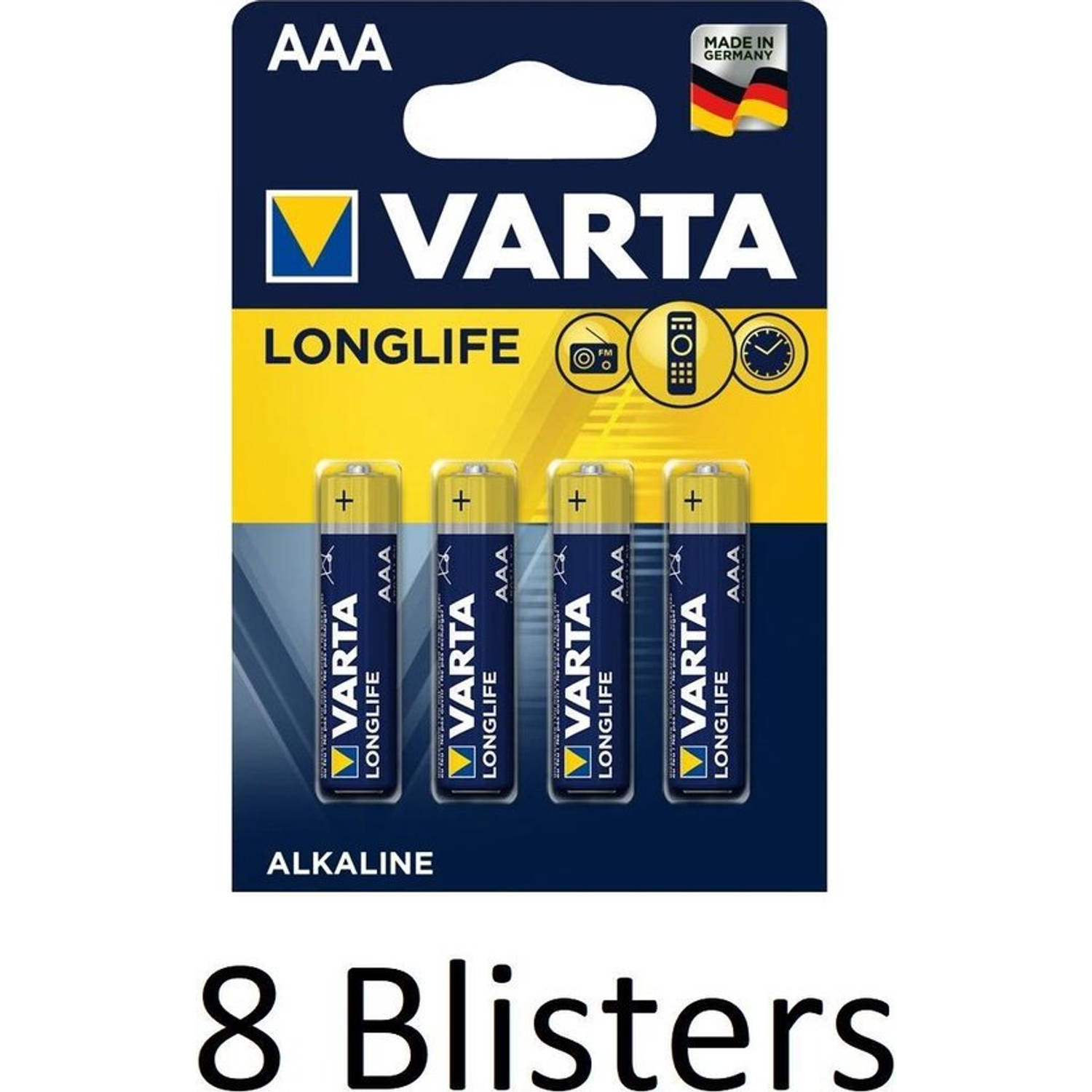 32 Stuks (8 Blisters a 4 st) Varta Longlife AAA Alkaline Batterij