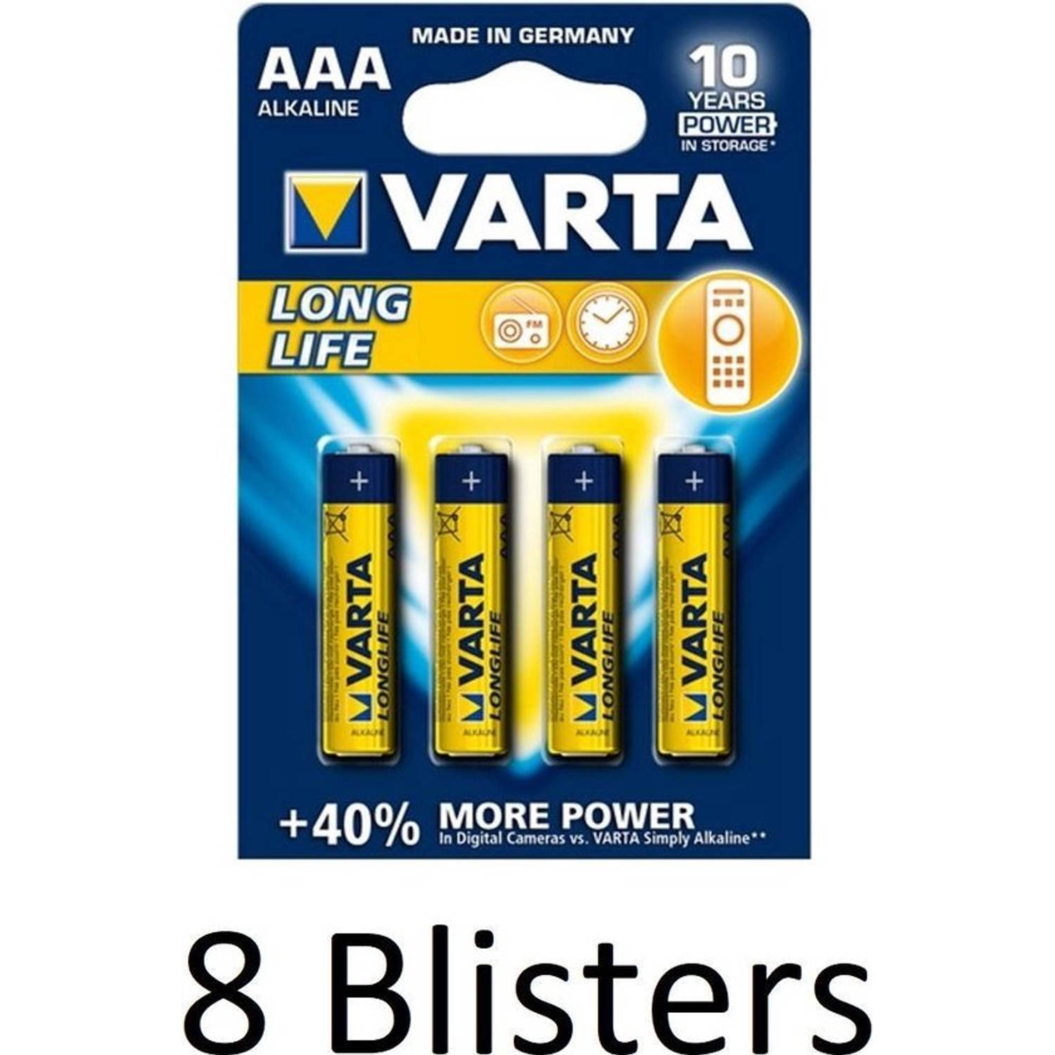32 Stuks (8 Blisters a 4 st) Varta Longlife AAA Alkaline Batterij