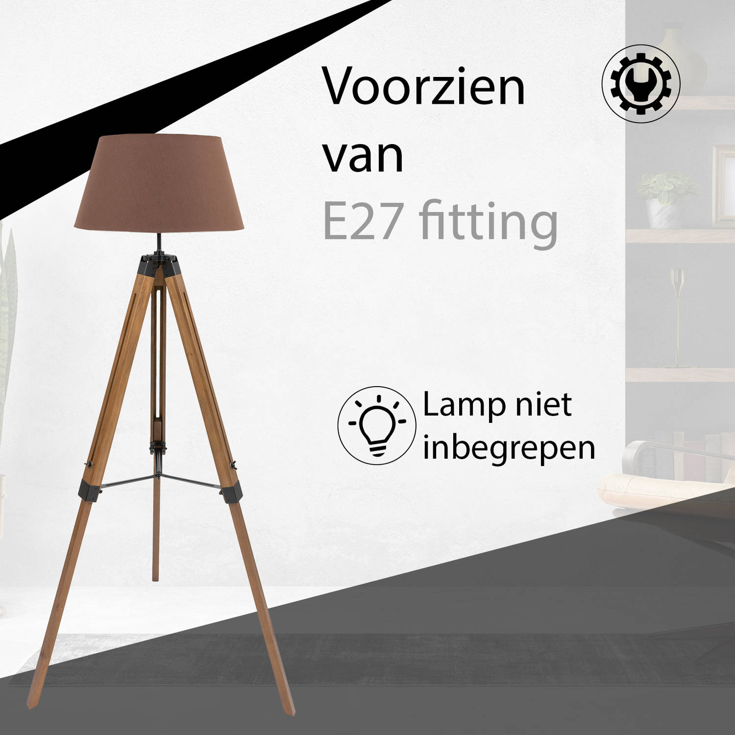 MaxxHome Vloerlamp - Leeslamp - Driepoot - Hout -145 cm - - LED - 40W (bruin) | Blokker