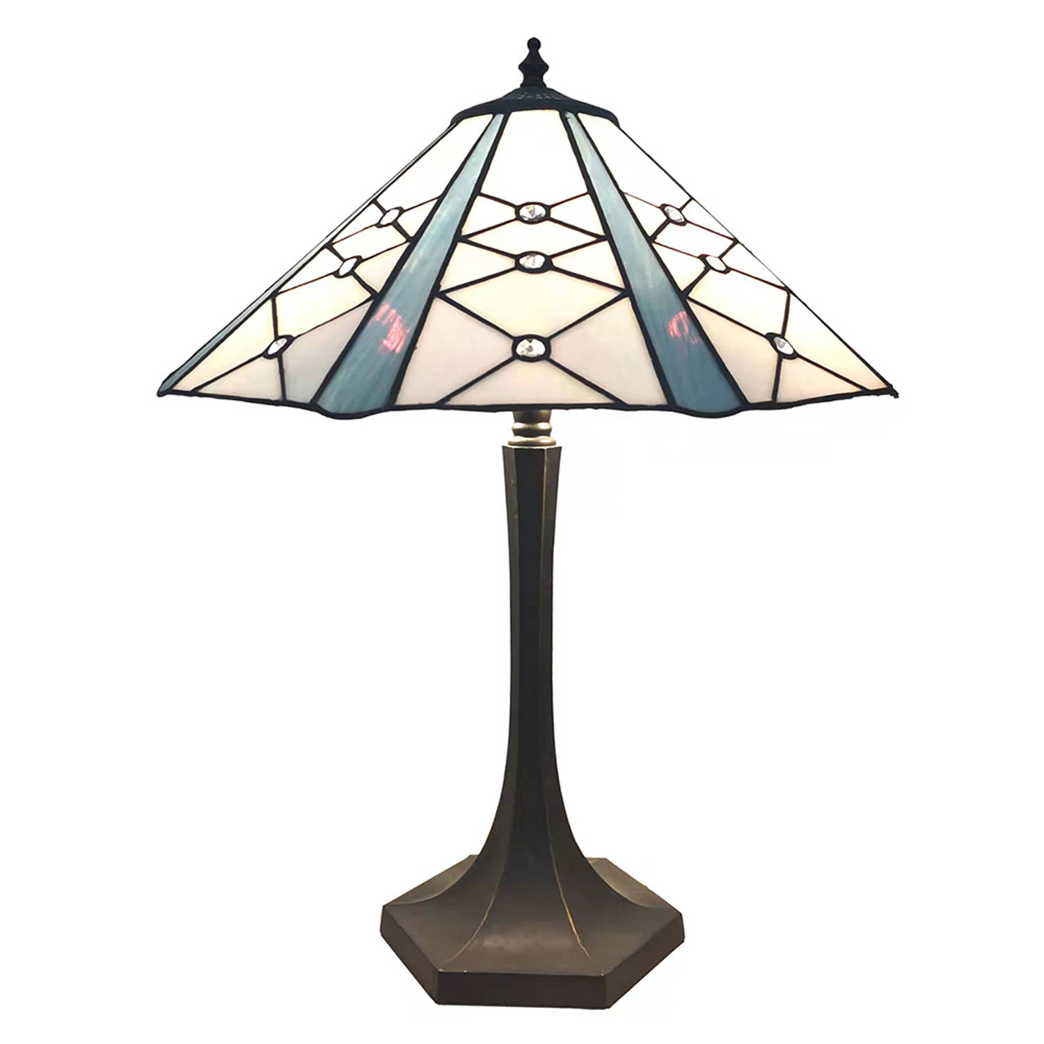 LumiLamp Tiffany Tafellamp Ø 42*54 cm  Wit Grijs Glas Zink Tiffany Bureaulamp Tiffany Lampen Glas in Lood