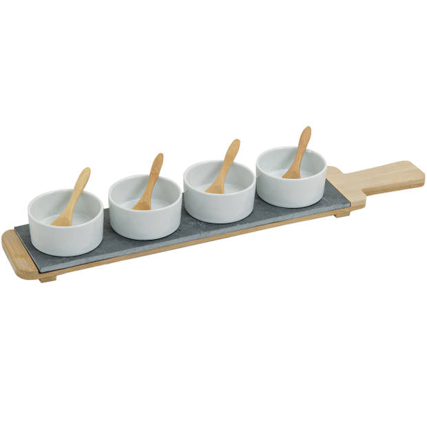 8x Snackschaaltjes/sausschaaltjes wit porselein rond 7 cm op serveerplank - Snack en tapasschalen