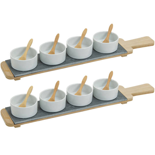 8x Snackschaaltjes/sausschaaltjes wit porselein rond 7 cm op serveerplank - Snack en tapasschalen