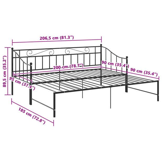 vidaXL Slaapbankframe uittrekbaar metaal zwart 90x200 cm