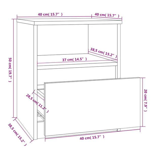 vidaXL Nachtkastjes 2 st 40x40x50 cm bewerkt hout gerookt eikenkleurig