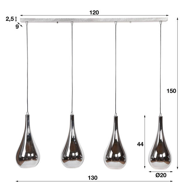 Hoyz - Hanglamp met 4 lampen - Serie Silver Drop - Handgeblazen glas