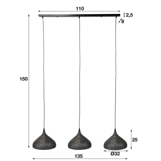 Hoyz - Hanglamp - 3xØ32 Trechtervormige Metalen Hanglampen - Transparant
