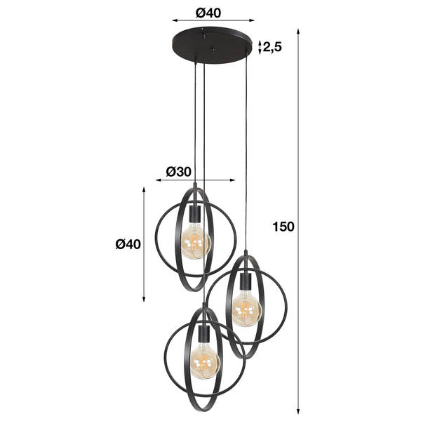 Hoyz - Hanglamp met 3 Lampen - Turn Around - Zwart - Industrieel