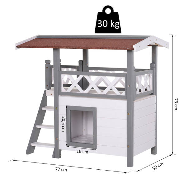 Kattenvilla met trap en balkon - Kattenhuis - Kattenhok - Krabpaal - 2 verdiepingen - 77 x 50 x73 cm - Wit/Grijs