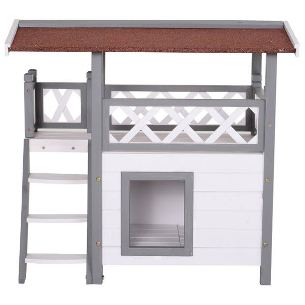 Kattenvilla met trap en balkon - Kattenhuis - Kattenhok - Krabpaal - 2 verdiepingen - 77 x 50 x73 cm - Wit/Grijs