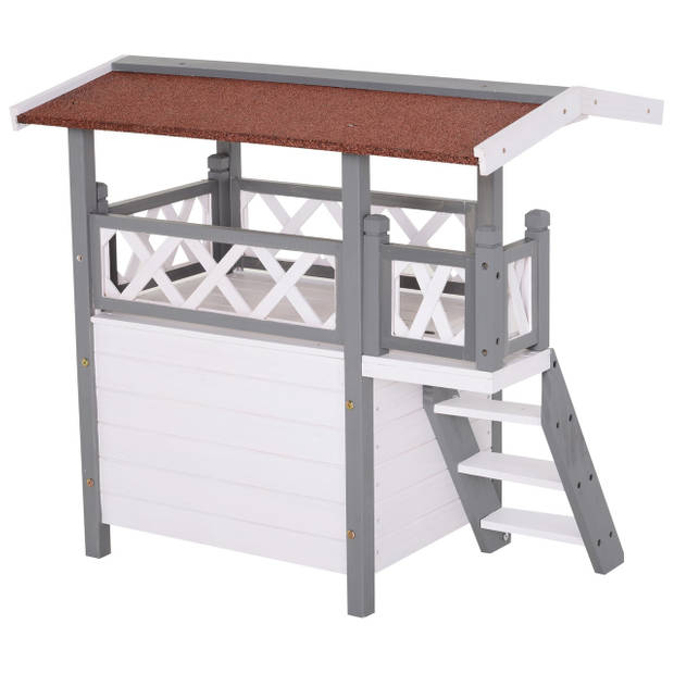 Kattenvilla met trap en balkon - Kattenhuis - Kattenhok - Krabpaal - 2 verdiepingen - 77 x 50 x73 cm - Wit/Grijs