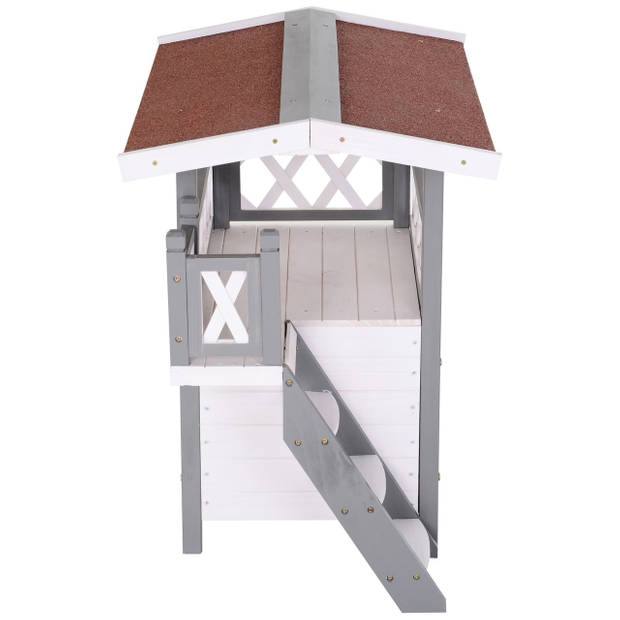 Kattenvilla met trap en balkon - Kattenhuis - Kattenhok - Krabpaal - 2 verdiepingen - 77 x 50 x73 cm - Wit/Grijs