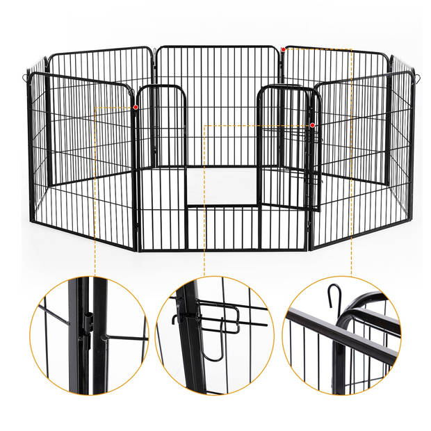 Hondenren XXL- Puppyren - Hondenkennel - 8 Kennelpanelen - Staal - 100 cm hoog - 640 cm omtrek - Uitbreidbaar